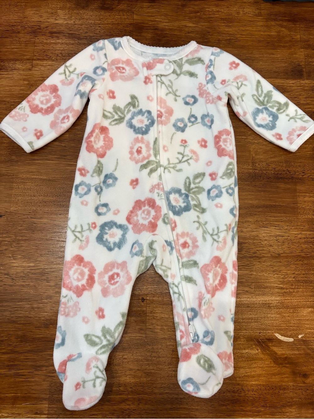 Carter's White Fleece Footed One-Piece with Pink, Blue & Green Floral Print